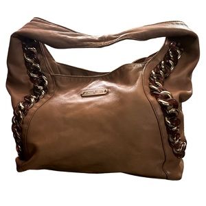 MICHAEL KORS TAN AMBER & GOLD ID CHAIN DETAIL HOBO SHOULDER BAG FAIR CONDITION